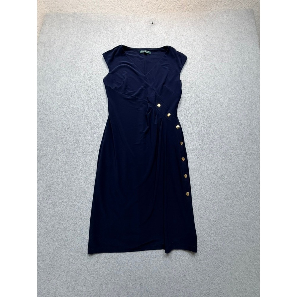 Lauren Ralph Lauren Navy Blue Gold Crest Button Sheath Dress Size 6